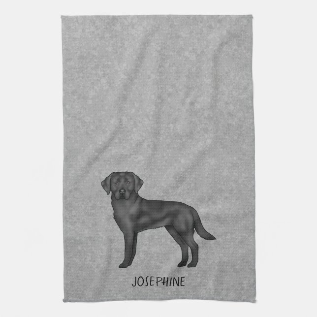 Black Labrador Retriever Dog And Custom Name Grey Tea Towel (Vertical)
