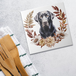 Black Labrador Retriever Dog Autumn Wreath Ceramic Tile
