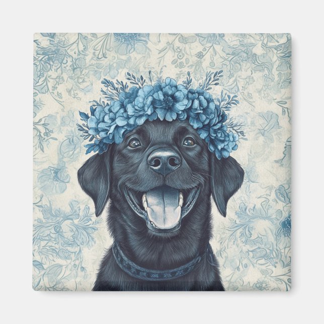 Black Labrador Retriever Dog Blue Floral Kitchen Magnet (Front)