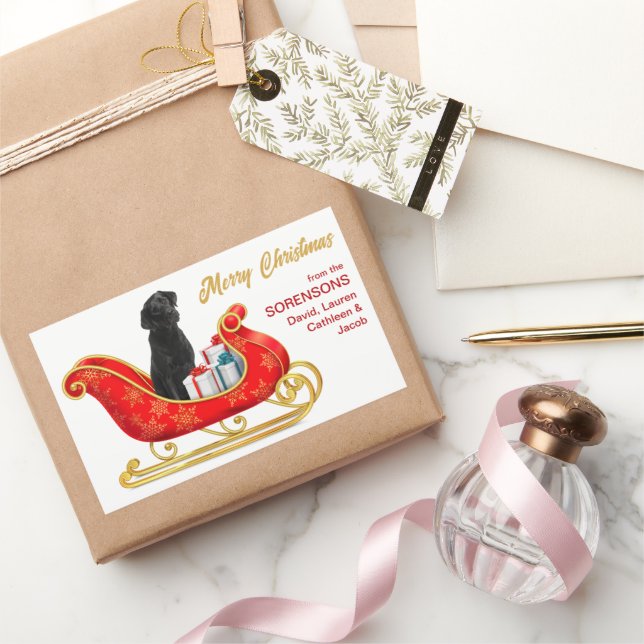 Black Labrador Retriever Dog Christmas Sleigh Rectangular Sticker (Gifting)