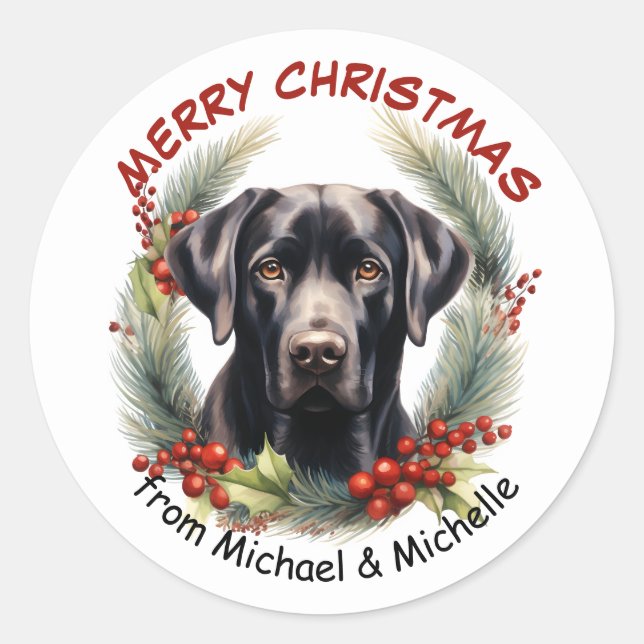 Black Labrador Retriever Dog Christmas Wreath Classic Round Sticker (Front)