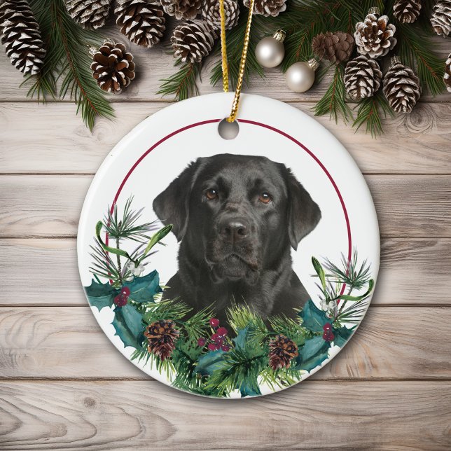 Black Labrador Retriever Dog Evergreen Wreath Ceramic Ornament (Creator Uploaded)