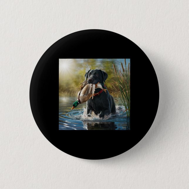 Black Labrador Retriever Dog Hunting Ducks In A Po 6 Cm Round Badge (Front)