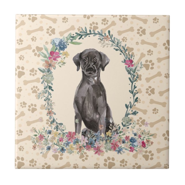 Black Labrador Retriever Dog Paw Print Floral Cute Ceramic Tile (Front)
