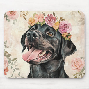 Black Labrador Retriever Dog Pink Peach Floral Mouse Pad