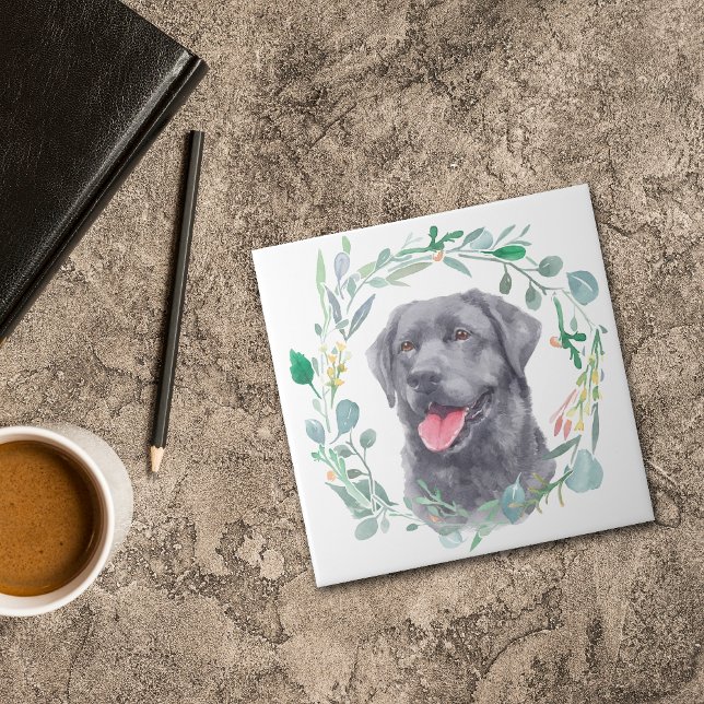 Black Labrador Retriever Dog Watercolor Wreath Ceramic Tile (Creator Uploaded)