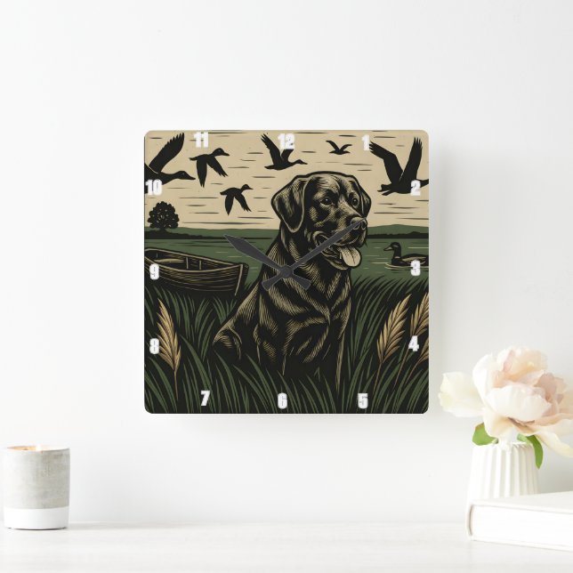 Black Labrador Retriever Duck Hunting  Square Wall Clock (Home)