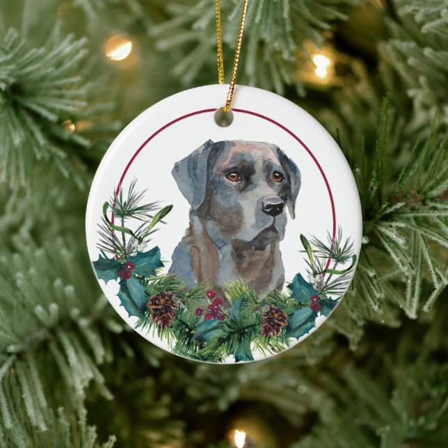 Black Labrador Retriever Evergreen Berry Wreath Ceramic Ornament (Tree)