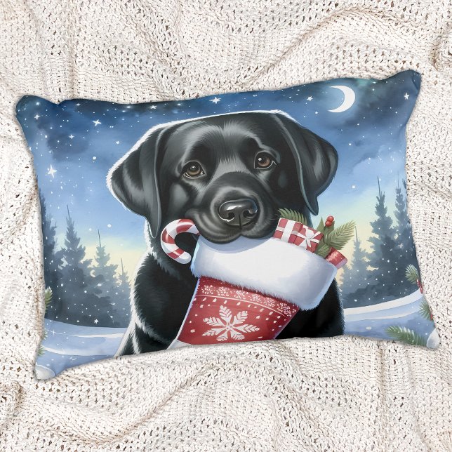 Black Labrador Retriever Holiday Puppy Dog  Decorative Cushion (Creator Uploaded)