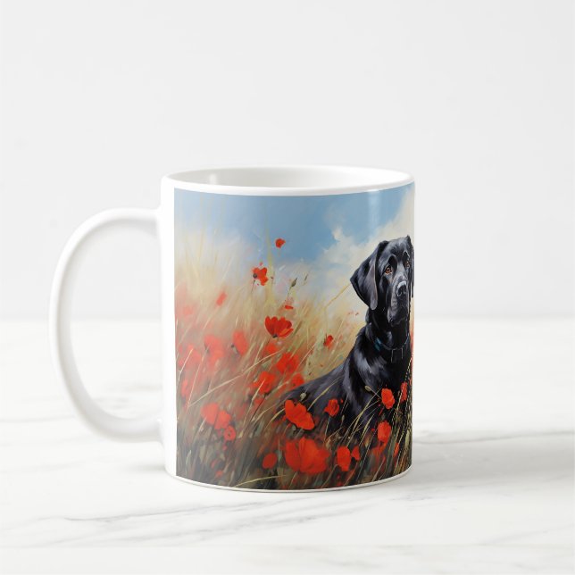 Black Labrador retriever in a field of red poppies Coffee Mug (Left)