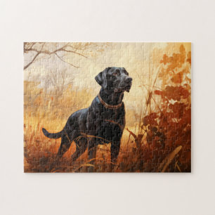 Black Labrador Retriever in autumn scenery Jigsaw Puzzle