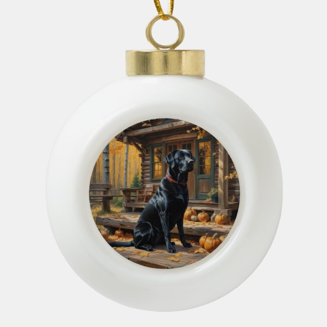 Black Labrador Retriever Log Cabin Autumn Ceramic Ball Christmas Ornament (Front)
