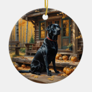 Black Labrador Retriever Log Cabin Autumn Ceramic Ornament