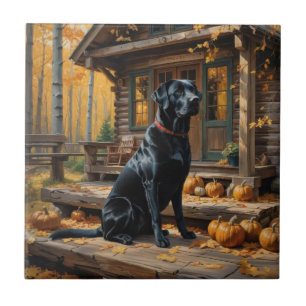 Black Labrador Retriever Log Cabin Autumn Ceramic Tile