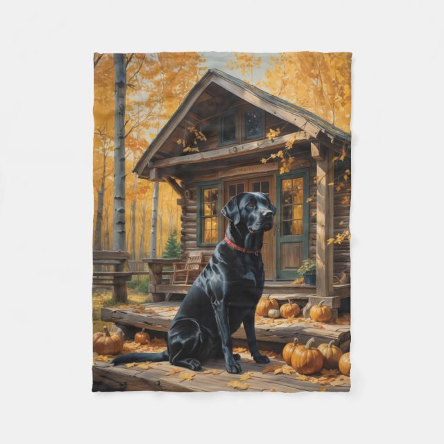 Black Labrador Retriever Log Cabin Autumn Fleece Blanket (Front)