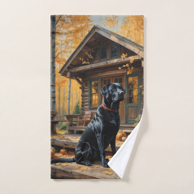 Black Labrador Retriever Log Cabin Autumn Hand Towel (Hand Towel)