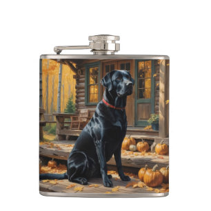 Black Labrador Retriever Log Cabin Autumn Hip Flask