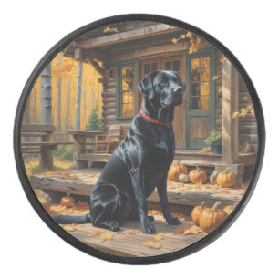 Black Labrador Retriever Log Cabin Autumn Hockey Puck