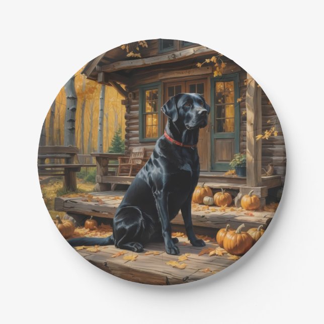 Black Labrador Retriever Log Cabin Autumn Paper Plate (Front)