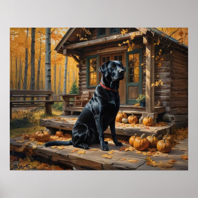 Black Labrador Retriever Log Cabin Autumn Poster (Front)