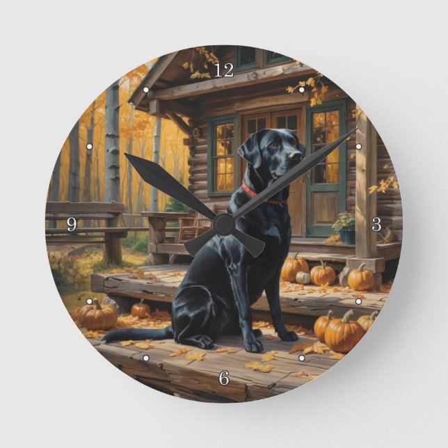 Black Labrador Retriever Log Cabin Autumn Round Clock (Front)
