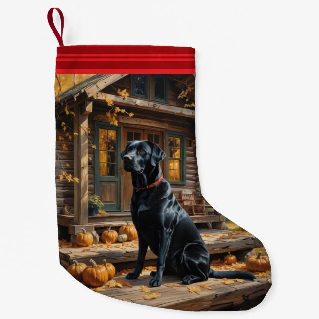 Black Labrador Retriever Log Cabin Autumn Small Christmas Stocking (Front)