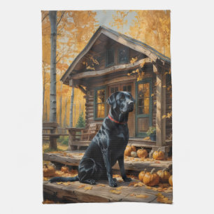 Black Labrador Retriever Log Cabin Autumn Tea Towel