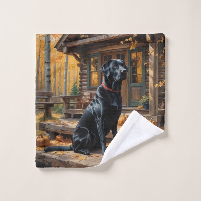 Black Labrador Retriever Log Cabin Autumn Wash Cloth (Wash Cloth)