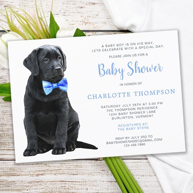 Black Labrador Retriever Puppy Blue Baby Shower Invitation (Creator Uploaded)