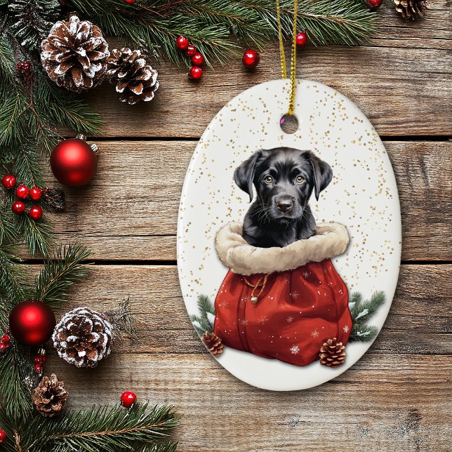 Black Labrador Retriever Puppy Christmas Gift Bag Ceramic Ornament (Creator Uploaded)