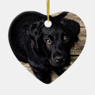 Black Labrador Retriever Puppy on Wood Ceramic Tree Decoration