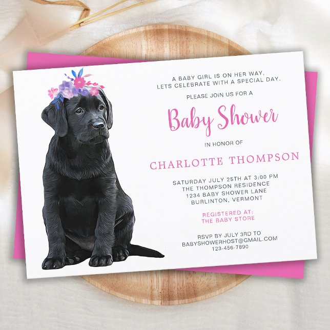 Black Labrador Retriever Puppy Pink Baby Shower Invitation (Creator Uploaded)
