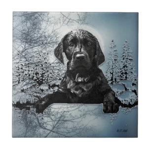 Black Labrador Retriever  puppy  T-Shirt Throw Pil Ceramic Tile
