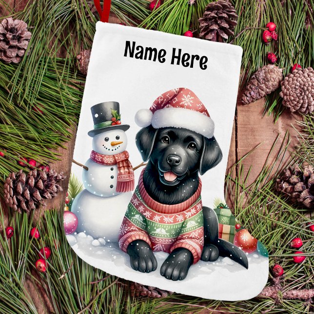 Black Labrador Retriever & Snowman Puppy Dog Large Christmas Stocking (Creator Uploaded)