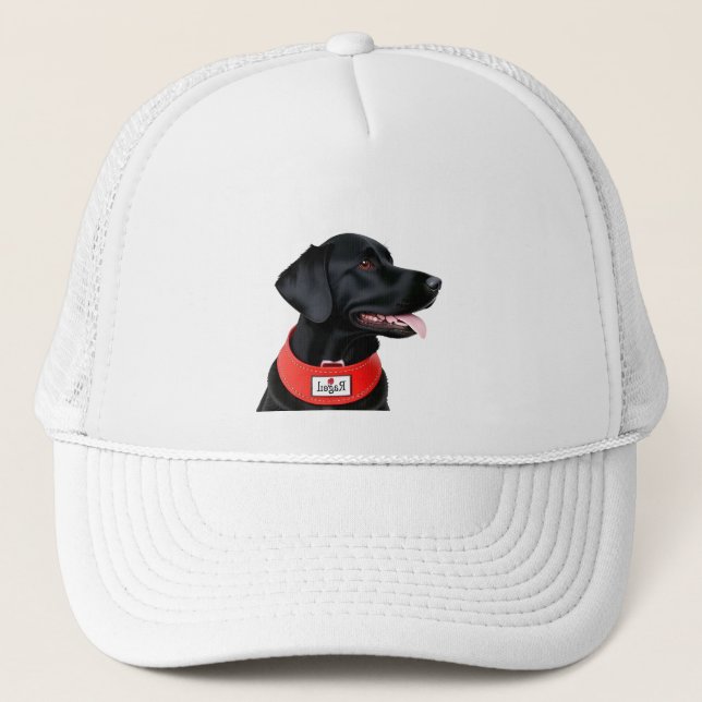 Black Labrador Retriever Wearing a Red Collar Trucker Hat (Front)