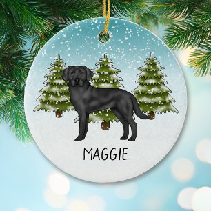 Black Labrador Retriever Winter Forest Custom Name Ceramic Ornament