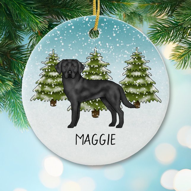 Black Labrador Retriever Winter Forest Custom Name Ceramic Ornament (Creator Uploaded)