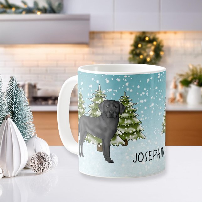 Black Labrador Retriever Winter Forest Custom Name Coffee Mug (Creator Uploaded)