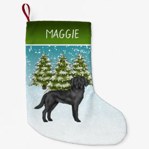 Black Labrador Retriever Winter Forest Custom Name Small Christmas Stocking
