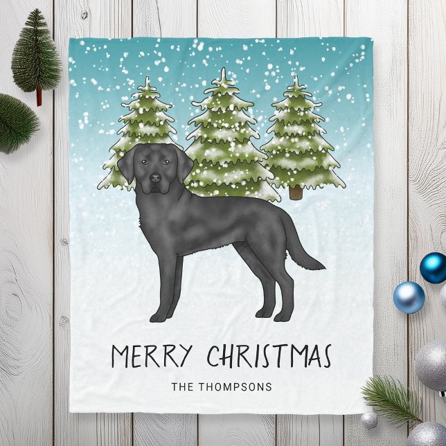 Black Labrador Retriever Winter Forest Custom Text Fleece Blanket (Creator Uploaded)