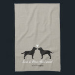 Black Labrador Retrievers with Heart Custom Text Tea Towel<br><div class="desc">Black Labrador Retriever Silhouettes Facing Each Other with Heart and Custom Text. Personalize this custom design with names of the bride and groom, wedding date, or your best wishes for the happy couple. Makes a great gift for bridal showers, weddings and milestone anniversaries. A decorative kitchen towel for Lab lovers....</div>
