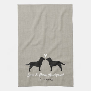 Black Labrador Retrievers with Heart Custom Text Tea Towel