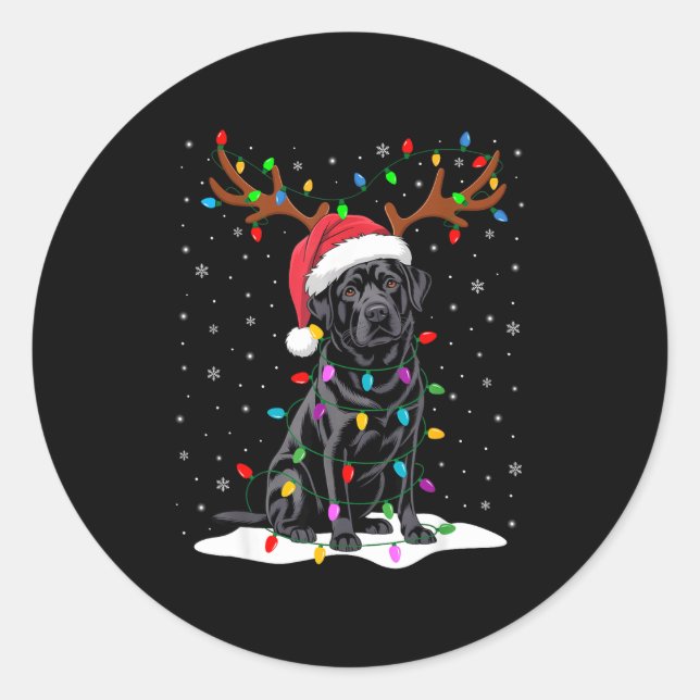 Black Labrador Santa Hat Reindeer Tree Lights Chri Classic Round Sticker (Front)