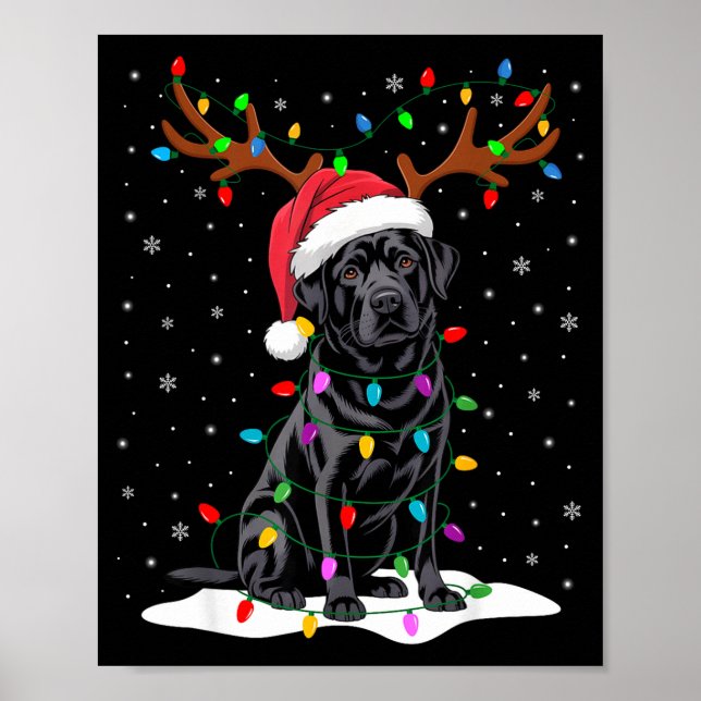 Black Labrador Santa Hat Reindeer Tree Lights Chri Poster (Front)