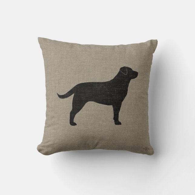 Black Labrador Silhouette Faux Linen Style Cushion (Front)