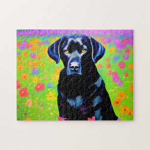 Black labrador sitting in a field of flowers  jigsaw puzzle
