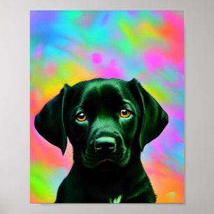 Black labrador sitting in front of a colourful   poster