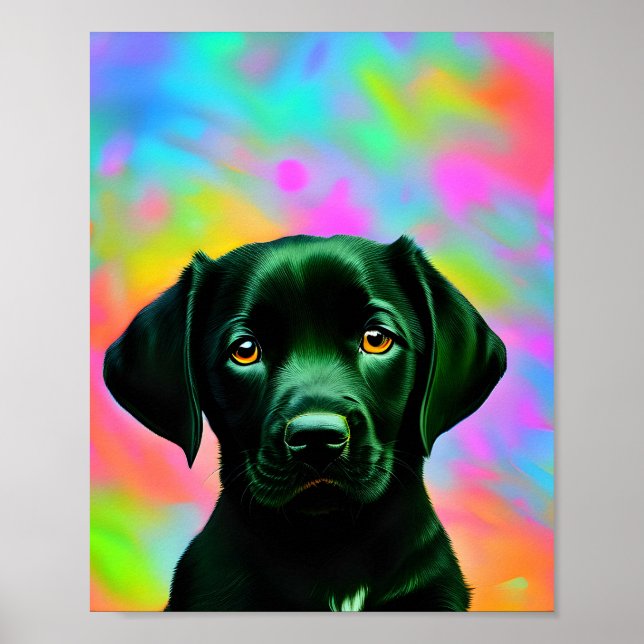 Black labrador sitting in front of a colourful   poster (Front)