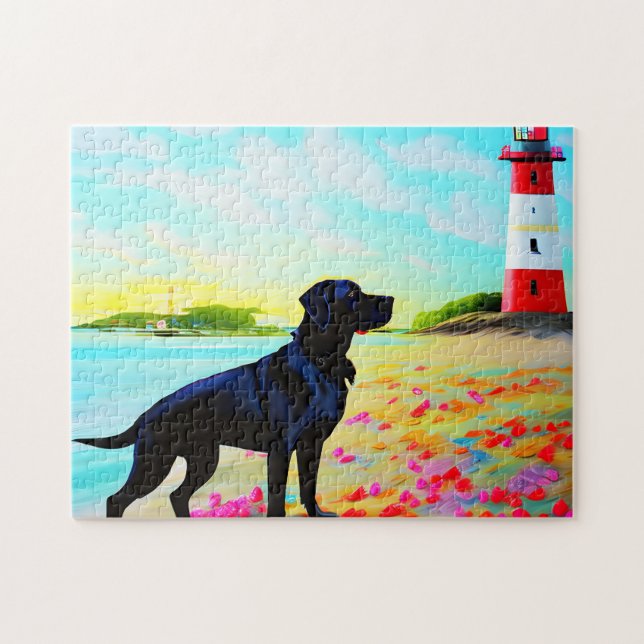 Black labrador standing on a beach   jigsaw puzzle (Horizontal)