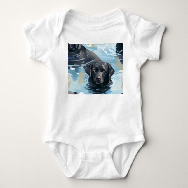 Black Labrador Swimming Pattern Baby Bodysuit (Front)